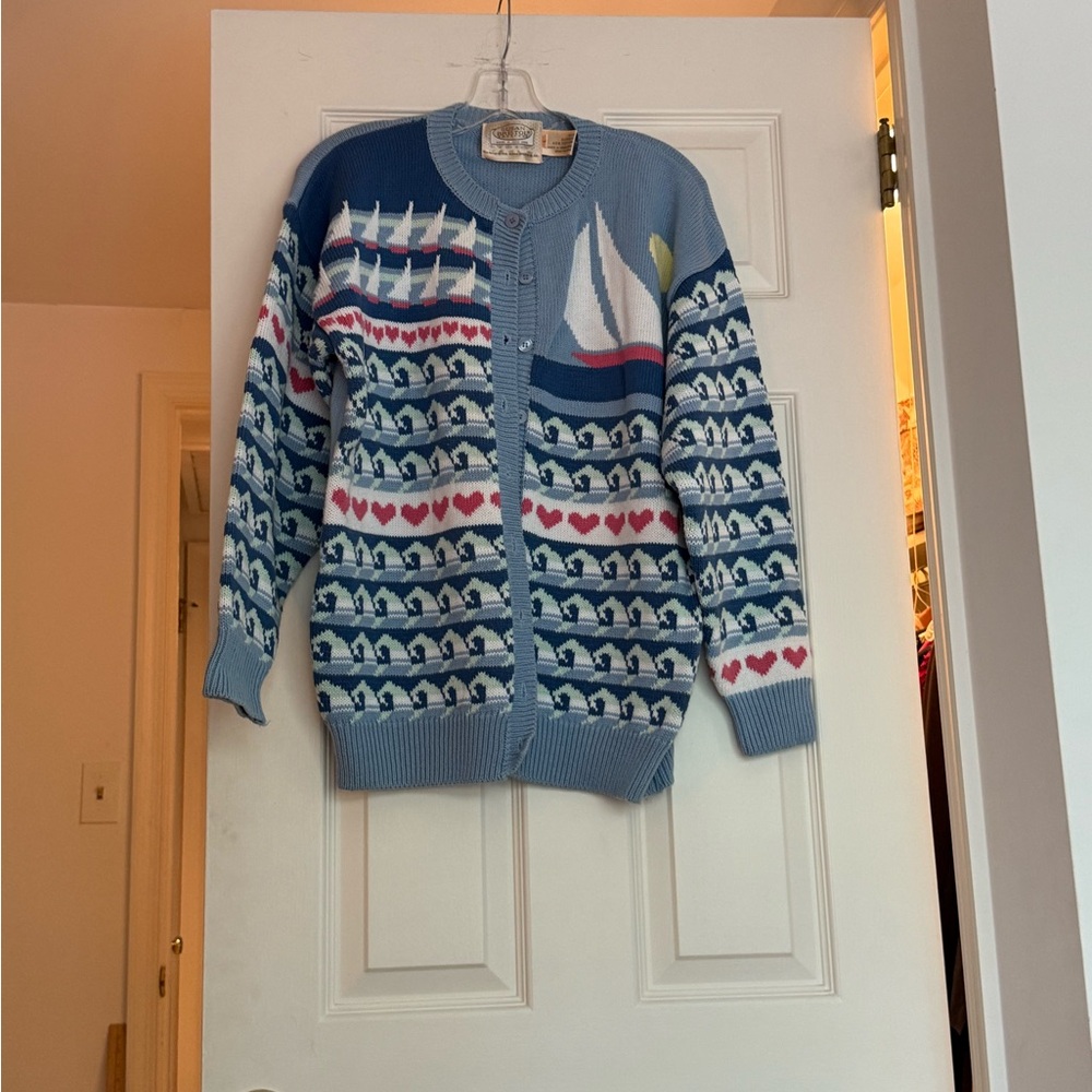 Susan Bristol Blue and White Sailboat Cardigan
